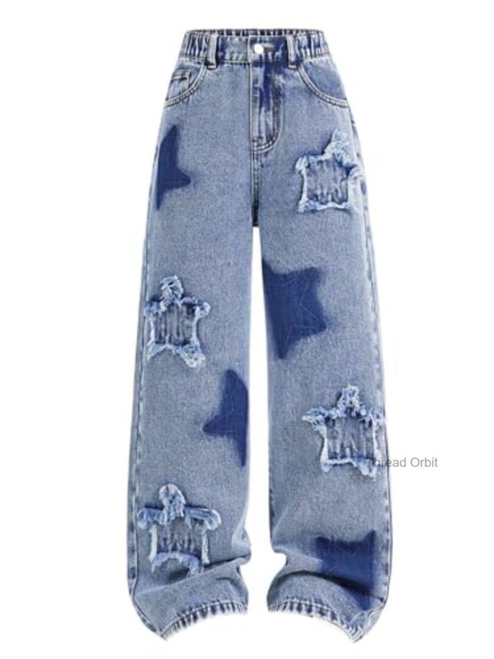 Girls Wide Leg Baggy Jeans Star Patched Denim Pants Raw Trim High Rise